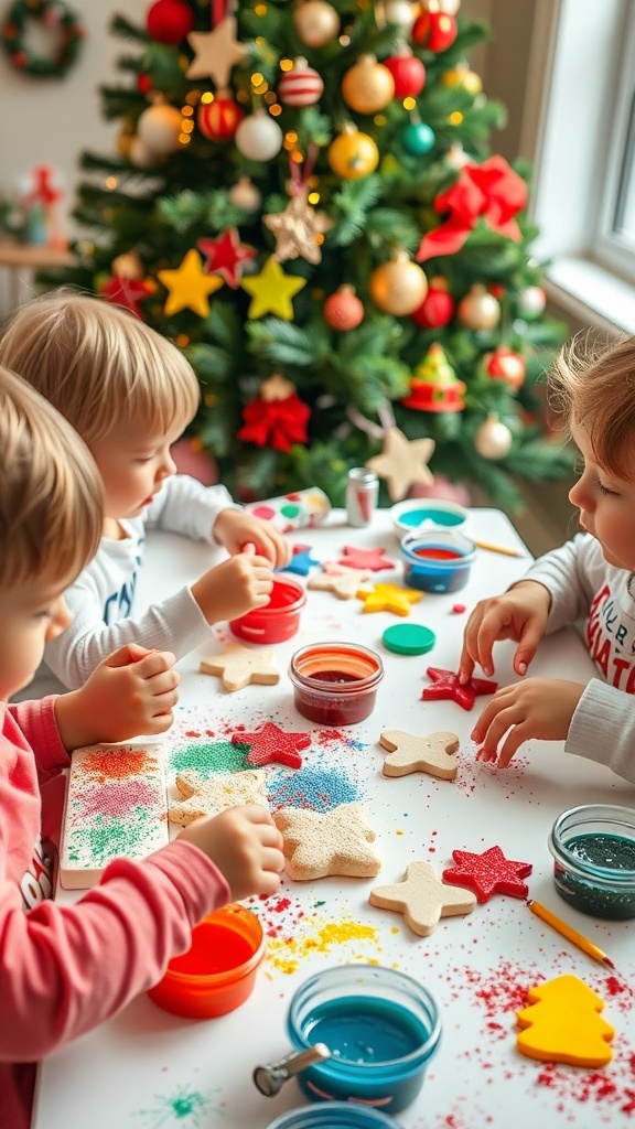 Toddlers creating DIY Christmas ornaments with paints and glitter on a crafting table.